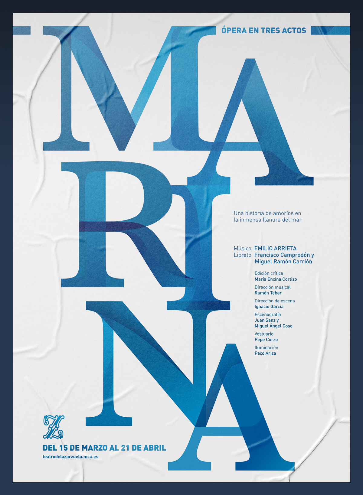 Typographic poster from the opera "Marina", by Teatro de la Zarzuela. Tea for two - advertising design.