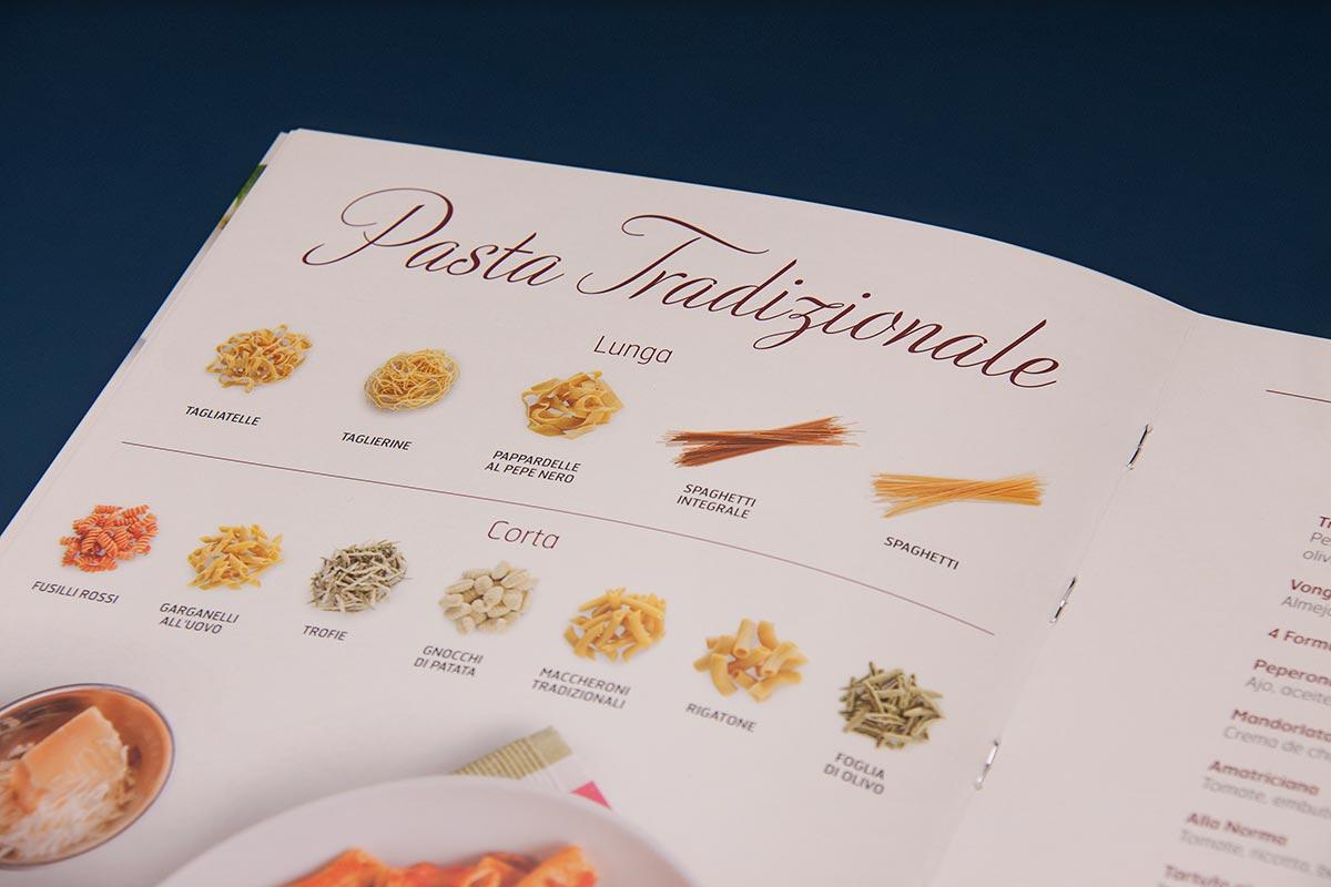 Detalle de la tipografía del rediseño de las cartas de La Tagliatella. Tea for two - diseño de cartas de restaurante.