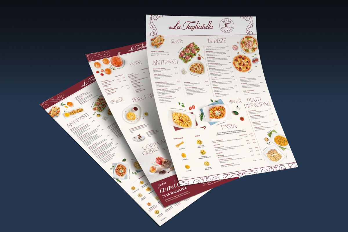Three examples of menu design for La Tagliatella Italian restaurants. Tea for two - restaurant menu design.