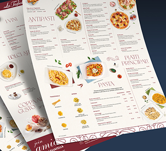 Detalle del stamping oro del diseño de menús Edizione para La Tagliatella. Tea for two - diseño de cartas de restaurantes.